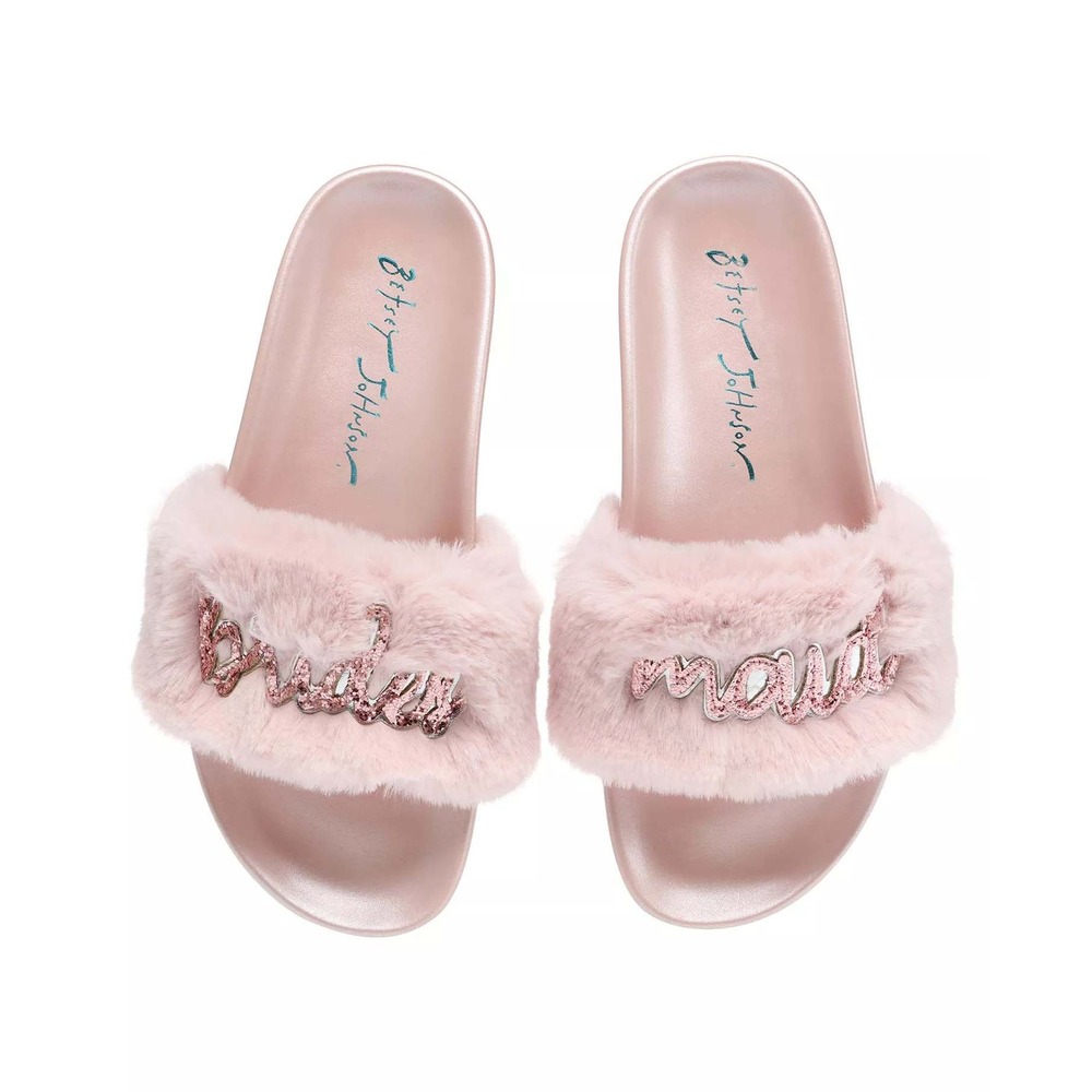 Betsey Johnson Pink Faux Fur Bridesmaid Slippers Rose‎ Gold Lori Slides 9M Box